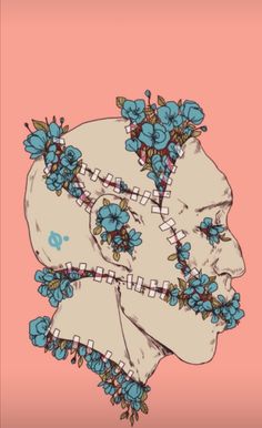 a drawing of a woman's head with blue flowers on her hair and the words,