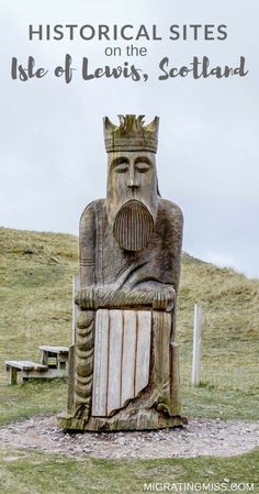 a wooden statue sitting on top of a lush green field