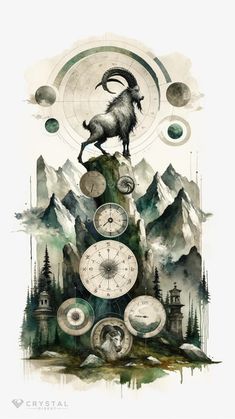 a goat standing on top of a mountain surrounded by clocks