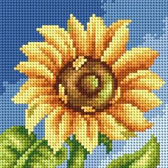 a cross stitch sunflower on a blue sky background