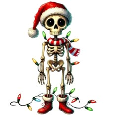 a skeleton wearing a santa hat and scarf with christmas lights on it's feet