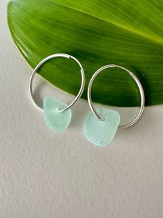 two sea glass pieces are sitting on top of a green leaf, next to a pair of silver hoop earrings