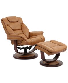 the reclining chair and ottoman are shown in tan leather, with an extended foot rest