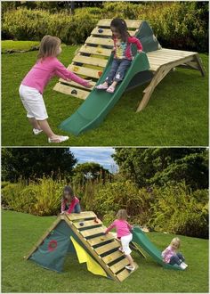 two pictures of children playing on a slide in the grass, and one has a tent