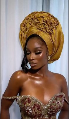 African Gold Dress, African Wedding Aesthetic, African Bride Hairstyles, Gold Nigerian Dress, Nigerian Dresses Traditional, African Headwrap Styles, Bride Black Women, Traditional African Wedding Dress, Traditional African Hairstyles