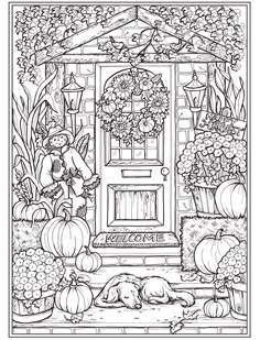 an adult coloring page with pumpkins and flowers in front of a door to a garden