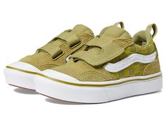 Vans Kids ComfyCush New Skool V (Little Kid) - Boy's Shoes : Safe Space Olive : When your kid's shoes have more miles than your car, its time to upgrade to Vans Kids ComfyCush New Skool V. Leather and textile upper. Single strap hook-and-loop closure. Round-toe silhouette with rubber toe cap. ComfyCush lining and insole. ComfyCush - A breathable textile lining and comfort-cushioned insole make all-day wear a no-brainer. Featuring a co-molded construction of foam and rubber for the perfect combin Best Toddler Shoes, Boys Tennis Shoes, Vans Kids, Shoes Vans, Sneakers Athletic, Toddler Boy Shoes, Boys Sneakers, Boy Clothes, Big Boy