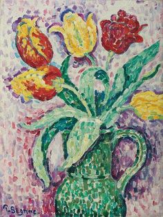 a painting of tulips in a green vase on a purple and white background