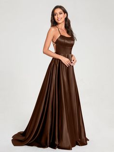 Lavetir sells a large selection of 2025 new bridesmaid dresses and wedding party dresses online. Stay on top of the latest fashion trends with these bridesmaid dresses featuring oversized bows, airy tulle skirts, sexy corset styles, and dramatic pleated metallics. Comes in various styles, such as A-line, mermaid, sheath, and empire waist, to suit different body types and preferences. Here is the dress detail: Fabric: Silk Satin or Satin; Silhouette: A-Line/Princess; Neckline: Spaghetti Straps; H Brown Dress Formal, Chocolate Brown Bridesmaid Dresses, Prom Dress Ideas Unique, Brown Formal Dress, Prom Dresses Flowy, Brown Prom Dress, Senior Recital, Brown Prom Dresses, Brown Dresses Formal