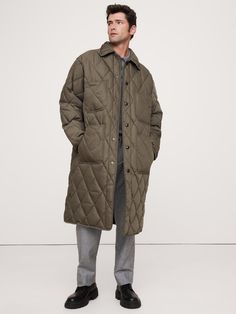 We reimagined the classic chore coat with a longer length in a quilted construction to add warmth that layers easily through the seasons.  For fabric, we reached for a modern, rugged fabric finished with a water-resistant coating to keep the elements at bay.  Water-Resistant Warmer: Lightly lined and insulated for layering through the seasons.  Oversized fit.  Size down if you prefer more form-fitting.  Point collar with snap front closure.  Four exterior and two interior pockets.  Fully lined. Oversized Quilt, Light Olive Green, Chore Coat, The Seasons, Oversized Fits, Banana Republic, Old Navy, Knee Length, Personal Style