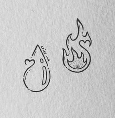 two drawings of fire and water on paper