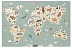 an illustrated map of the world with animals