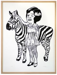 a black and white drawing of a girl with a zebra