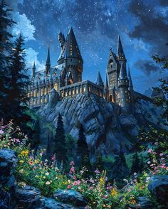 hog potter's castle is lit up at night with the stars in the sky