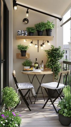 an outdoor patio with potted plants and lights