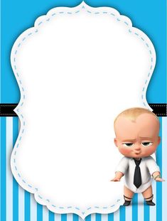 a baby boy in a suit and tie with a blue striped frame behind it,