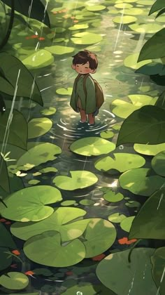 a boy standing in the water surrounded by lily pads