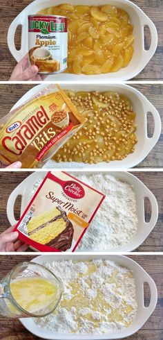 three pictures showing how to make baked beans and other ingredients in baking dishes with the instructions below