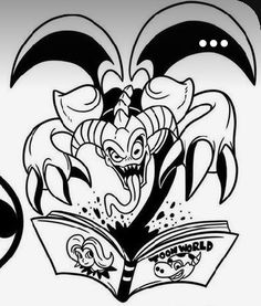 a black and white drawing of an evil demon reading a book with the word's logo below it