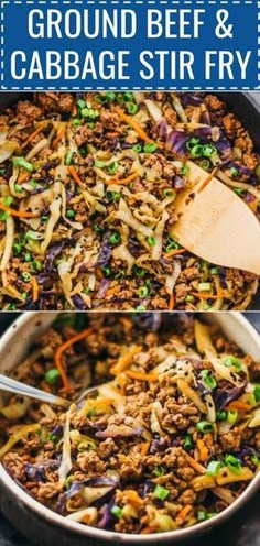 ground beef and cabbage stir fry in a skillet with the title text above it