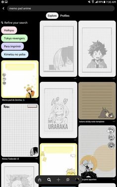 an iphone screen with various stickers and texting on it, including anime characters