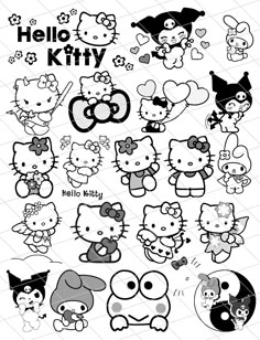 an image of hello kitty stickers on a white background with black and white lettering