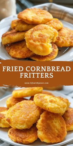 fried cornbread fritters on a white plate with the words fried cornbread fritters above it