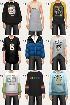 six different colored shirts and pants for the male character, including one wearing a hoodie