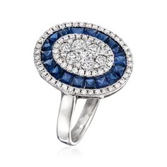 Ross-Simons - C. 1990 Vintage 1.13ct t. w. Sapphire, .62ct t. w. Diamond Cocktail Ring Size 6.5. C. 1990. Presented by our Estate collection, this cocktail ring is for any occasion the night brings! Arranged into an instantly eye-catching design, it features an oval of .62 ct. t. w. round brilliant-cut diamonds parted by a vibrant row of 1.13 ct. t. w. square sapphires. Crafted in 18kt white gold. 5/8" wide. Diamond and sapphire cocktail ring. Exclusive, one-of-a-kind Estate Jewelry. Sapphire bi Jewelry Sapphire, Sapphire Cocktail Ring, Sapphire Birthstone, Diamond Cocktail Ring, Vintage Sapphire, Diamond Cocktail Rings, Round Brilliant Cut Diamond, Cocktail Ring, Cocktail Rings