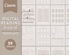 the digital reading journal template is shown in several different sizes and colors, including beige