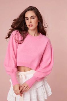 Love Shack Fancy - Candela Pullover Sweater in French Pink Fancy Sweater, Fringe Coats, French Pink, Crop Pullover, Cashmere Sweater Women, Cozy Pullover, Womens Cashmere, Halter Mini Dress, Cashmere Sweaters