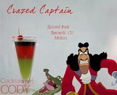 an animated character next to a cocktail in front of a sign that reads, crazy captain spiced rum bacardi 13 midori