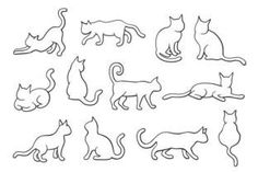 a bunch of cats that are standing in the same direction on a white background with black outline