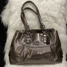 Gorgeous Rare Gray Metallic Coach Poppy Satchel. The Metallic Finish Is A Darker Gun Metal, Not Bright Silver. See Pics To See Some Light Staining From Use On Pink Satin Interior, Handle Wear, And Very Small White Spot On Back. With Like New Shoulder Strap That Was Never Used. Beautiful Large Bag. Approx 16”X10”X5” Luxury Silver Metal Bag, Silver Metal Shoulder Bag For Everyday Use, Silver Metal Rectangular Shoulder Bag, Silver Rectangular Metal Shoulder Bag, Rectangular Silver Metal Shoulder Bag, Silver Rectangular Shoulder Bag With Metal Hardware, Chic Silver Shoulder Bag With Palladium Hardware, Chic Silver Metal Shoulder Bag, Silver Metal Rectangular Bag