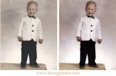 two pictures of a little boy in a white jacket and bow tie, standing next to each other