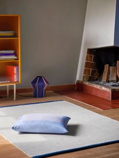 a living room with a rug, bookshelf and fireplace