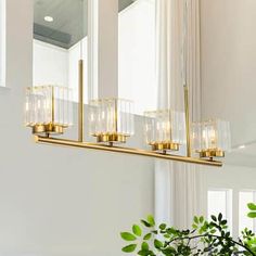 a bathroom light that is hanging from the ceiling in front of a mirror and potted plant