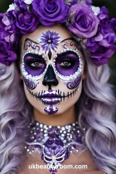 Sugar skull makeup is a colorful and artistic face painting style inspired by the Mexican holiday, Día de los Muertos (Day of the Dead). It involves using bright colors, white and black paint to create designs on the face that resemble ornate sugar skulls. This post list 17 pretty sugar skull makeup ideas you can create at home. easy, pretty, tutorial, easy simple, for men, half, kids easy, DIY, for men with beards, half face, step by step Glam Sugar Skull Makeup, Dia De Los Muertos Face Paint Ideas, Half Skull Makeup Halloween, Candy Skull Face Paint, Sugar Skull Makeup Pretty, Half Sugar Skull Makeup, Sugar Skull Makeup Easy