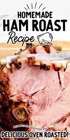 ham roast recipe on a cutting board with a knife and mustard in the background text overlay reads, ham roast recipe