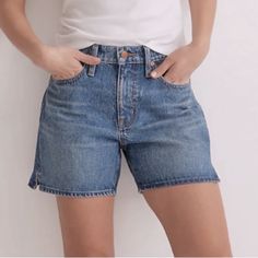 The Cut: Slouchy And Relaxed, These Fan-Favorite Mid-Length Jean Shorts Sit Low On The Hips (And This Pair Has A Clean Hem And Vintage-Y Slits On The Sides). The Fabric: Premium 100 Percent Cotton Cone Denim With Old-School Character And Zero Stretch. Please Check Measurements New With Tags Bin 1d 0089 Blue Mid-rise Relaxed Fit Jean Shorts, Dark Wash Relaxed Fit Knee-length Jean Shorts, Medium Wash Mid-rise Denim Shorts, Medium Wash Mid-rise Cotton Jean Shorts, Vintage Mid-rise Cotton Jean Shorts, Pleated Jacket, Bow Detail Dress, Cotton Viscose, High Rise Denim