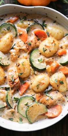 Creamy Chicken Gnocchi Soup with Carrots, Zucchini, Onions, and Garlic - in a white bowl. Creamy Chicken Gnocchi Soup, Creamy Chicken Gnocchi, Soup With Carrots, Dairy Free Soup, Chicken Gnocchi, Zucchini Soup, Pre Cooked Chicken, Gnocchi Soup, Chicken Gnocchi Soup