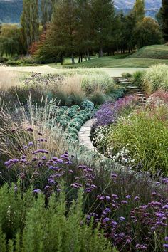 a garden filled with lots of different types of flowers and plants next to a golf course