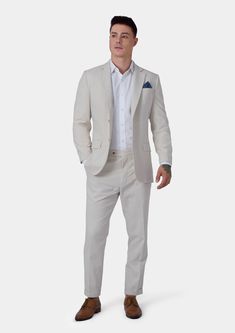 Delivered in as little as two weeks. Jacket & pants included. Vest optional. Covered by our Free Remake Guarantee. Complete the look with Shirts, Ties & Squares. Tailored Beige Linen Suit, Fitted Beige Linen Suit, Beige Linen Suit With Welt Pockets, Beige Linen Suits With Welt Pockets, Casual Linen Suits For Summer, Summer Linen Business Suits, Fitted Linen Summer Suits, Casual Linen Summer Suits, Summer Fitted Linen Suit