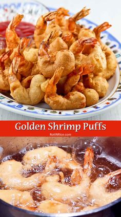 the golden shrimp puffs are being cooked in a skillet and served with sauce