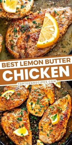 the best lemon butter chicken recipe is shown in this collage with text overlay