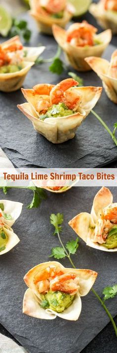 there are several small tacos with shrimp in them