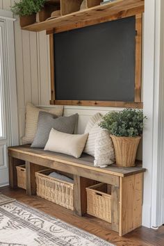 a wooden bench with baskets and plants on it