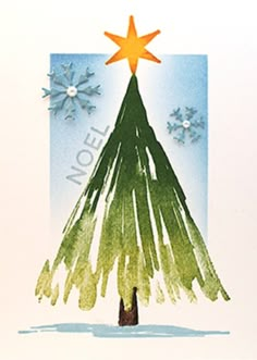 a christmas card with an image of a tree and snowflakes in the background