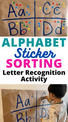 an alphabet sticker sorting letter recognition activity for toddlers to practice their handwriting and writing skills