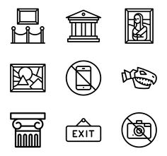 black and white line icons depicting different types of things to see on the internet, including an exit sign